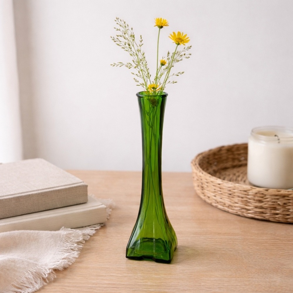 Vtg Green Glass Vase Europa 1986 1987 Slim Bud Vase Art Glass Minimalist Decor